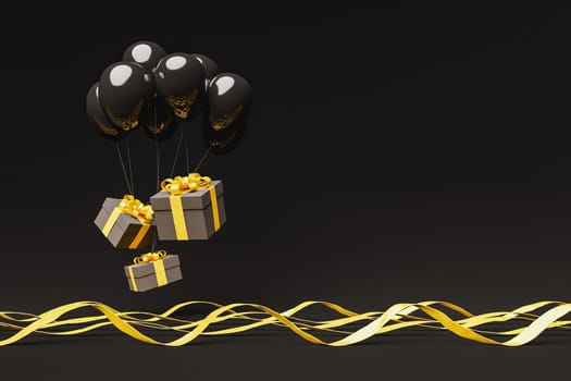 dark gift boxes with golden ribbons floating in the air with black balloons and wavy ribbons on the ground. copy space. 3d render