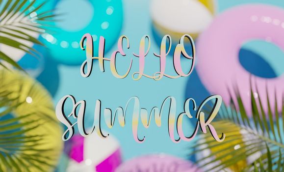 summer welcome sign with gradient lettering and blurred background of floats and beach balls. 3d render