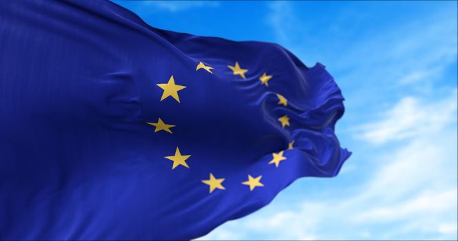 The flag of The European Union flapping in the wind. Economic and finance Community. Politics and Economy. Transnational political government