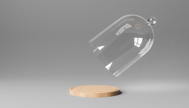 wooden podium with glass dome floating on top for food or cosmetics product display. 3d render