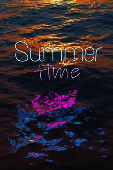 neon reflected in the sea with the words SUMMER TIME with sunset. 3d rendering