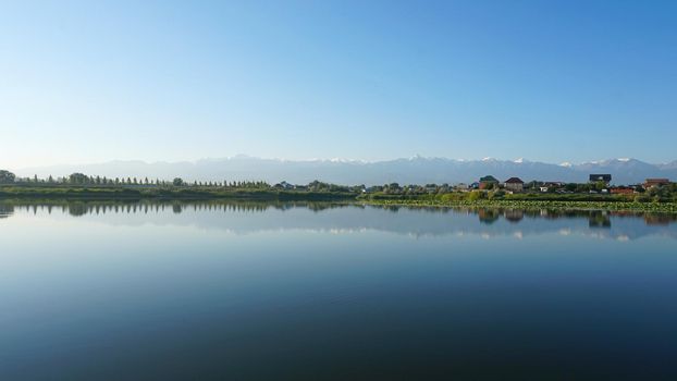 The mirror surface of the lake water reflects pink lotuses, large green water lilies, high mountains of the Trans-Ili Alatau, trees and houses. Beautiful landscape on mirror pond. Almaty, Kazakhstan