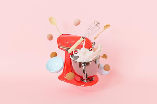 Kitchen mixer floating in the air with eggs and accessories around it and splashes of milk coming out of it. 3d render