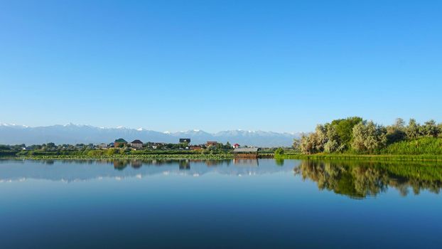 The mirror surface of the lake water reflects pink lotuses, large green water lilies, high mountains of the Trans-Ili Alatau, trees and houses. Beautiful landscape on mirror pond. Almaty, Kazakhstan