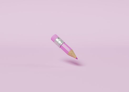 minimalistic scene of a pink pencil suspended in the air. pastel color. concept of education and back to school. 3d render