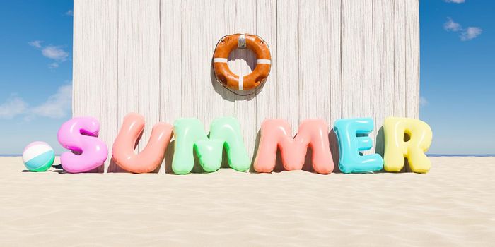 word SUMMER shaped inflatable swim ring and lifebuoy next to a wooden hut. summer background. 3d render