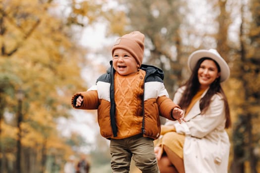 mother and son walk in the autumn Park. The family walks through the nature Park in the Golden autumn