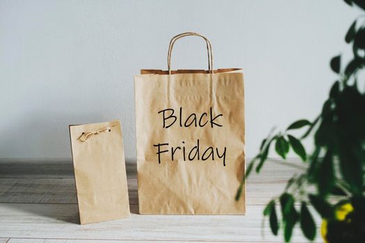 Kraft shopping bag. Delivery of groceries to the house. Eco-friendly shopping bags. Black Friday sale.