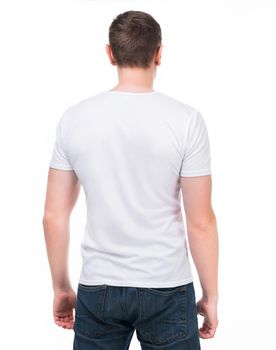 White t-shirt on a young man. Back