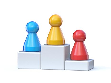 Game pawns on winners podium 3D rendering illustration isolated on white background