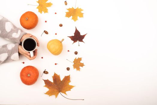 A woman holds a cup of black coffee near the yellow maple leaves of a pumpkin on a white background. Autumn flat lay