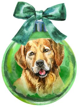 Watercolor Christmas green ball with bow and dog isolated on a white background.