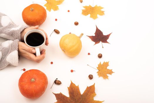 A woman holds a cup of black coffee near the yellow maple leaves of a pumpkin on a white background. Autumn flat lay