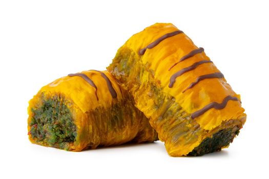 Turkish sweet pastry baklava isolated on white background, close up