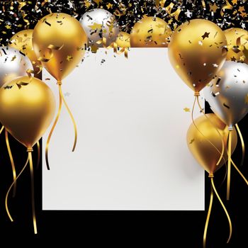 Gold and silver balloon with foil confetti falling with blank banner on black background 3d render