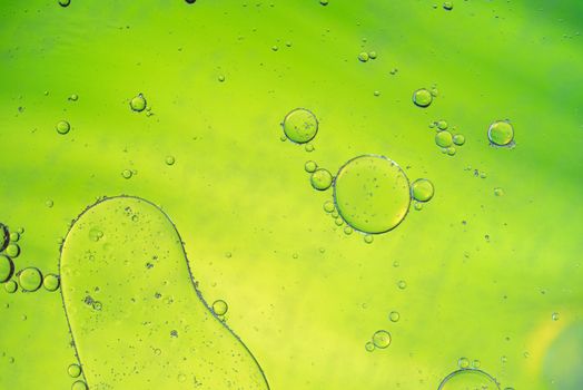 Oil drops in water. Defocused abstract psychedelic pattern image green and yellow gradient colored. DOF.
