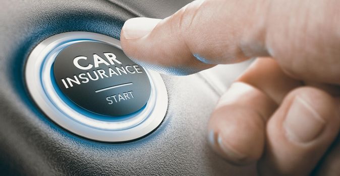 Finger pressing a push button where it is written the text car insurance start. Concept of insured person. Composite image between a hand photography and a 3D background.