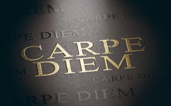 Carpe diem written with golden letter on black background with selective focus on the expression. 3d illustration.