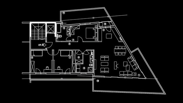 3d illustration - blueprint house plan and wire frame model of building on black background
