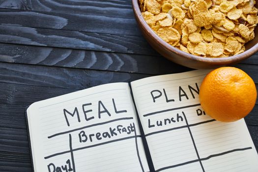 breakfast proper nutrition diet plan lifestyle wooden background. High quality photo