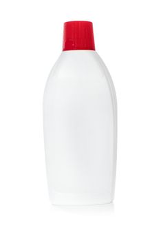 White bottle from household chemicals with red cap isolated on white background