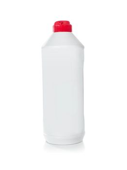 White bottle from household chemicals with red cap isolated on white background