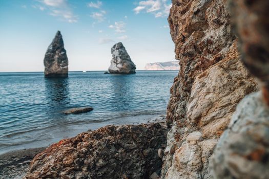 Aerial panoramic view of beautiful sunset above sea. Beautiful seascape. Sun glare, small waves on the water surface. Evening. Horizon. Nobody. No people. Copy space. Never-ending beauty of nature
