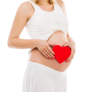 Pregnant woman's belly with red heart isolated on a white backgroung