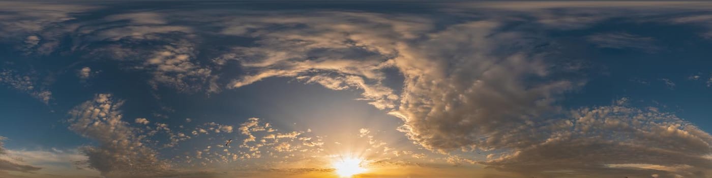 Sky panorama with Cirrus clouds in Seamless spherical equirectangular format. Full zenith for use in 3D graphics, game and editing aerial drone 360 degree panoramas for sky replacement