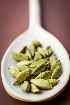 Whole cardamom in wooden spoon on brown background