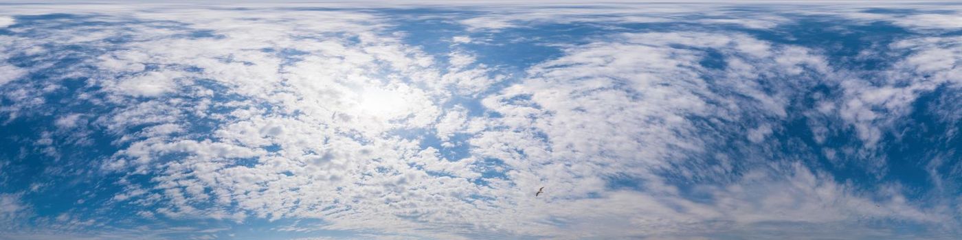 Sky panorama with Cirrus clouds in Seamless spherical equirectangular format. Full zenith for use in 3D graphics, game and editing aerial drone 360 degree panoramas for sky replacement