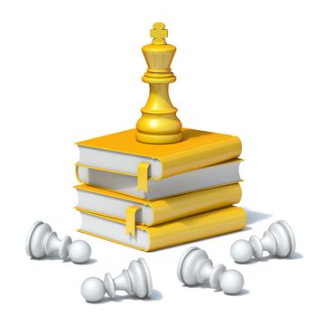 Chess king standing on books Education concept 3D rendering illustration isolated on white background