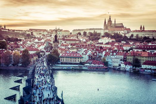 beautiful view of the Charles Bridge and other sights in Prague, Czech Republic