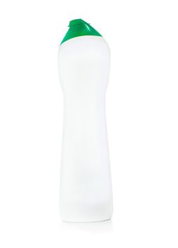White bottle from household chemicals with green cap isolated on white background