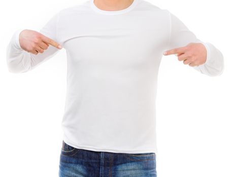 young man shows on white shirt with long sleeves isolated on white background