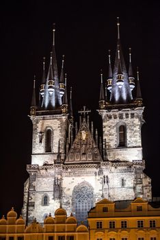 Church of Our Lady before Tyn in evening in Prague, Czech Republic. Church with towers height of 80 meters