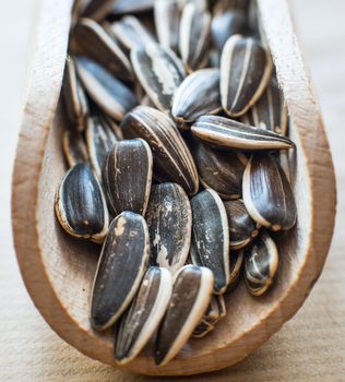 sunflower seeds in a wooden spoon