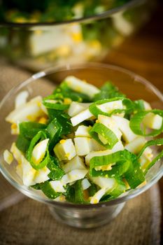 fresh spring salad with boiled squid, boiled eggs and green onions on a wooden table