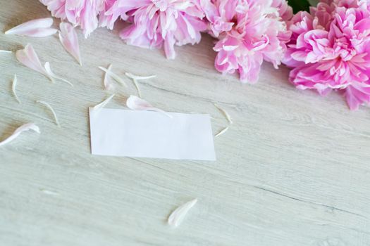 several branches of blooming pink peonies on a wooden background