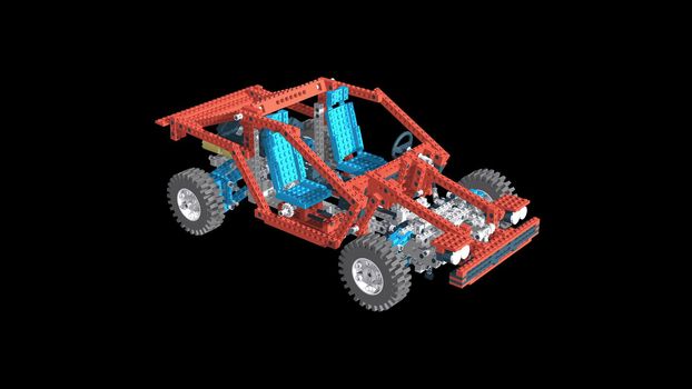 3d illustration - test car made from plastic bricks. 