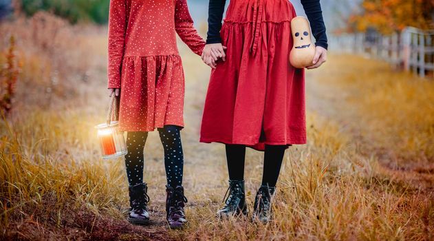 Girls with halloween decorations holding hands standing on autumn nature