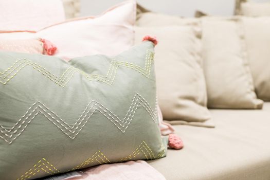 Selection of colorful cushions on a sofa