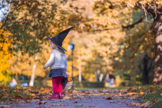 little girl witch walks in the autumn forest with a basket of leaves.