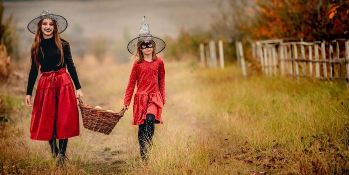 Girls in halloween costumes bringing basket with pumpkins while looking at each other on bright nature