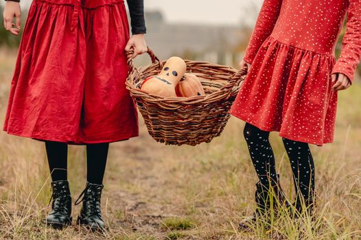 Basket with pumpkins for halloween in girls hands on nature