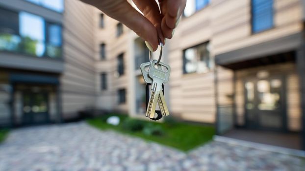 A woman holds the keys to a new house. Close-up of a female hand. Buying a property