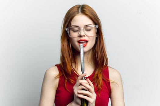 woman with glasses construction tool repair housework. High quality photo