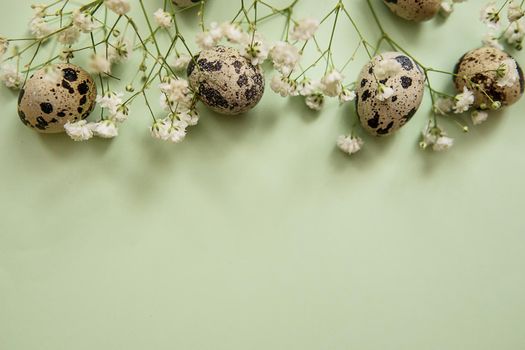 Easter background, quail eggs on a mint background, decorated with natural botanical elements, flat lay, view from above, empty space for text