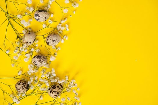 Easter background, quail eggs on a yellow background, decorated with natural botanical elements, flat lay, view from above