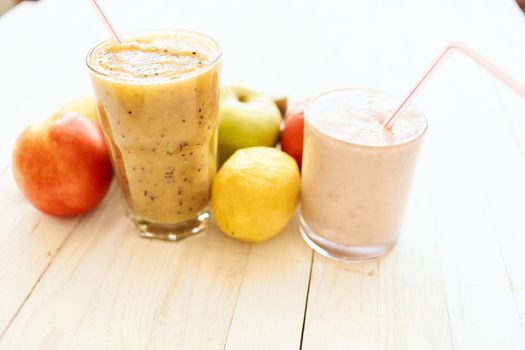 fruit smoothie fresh Fresh Desert milkshake top view. High quality photo